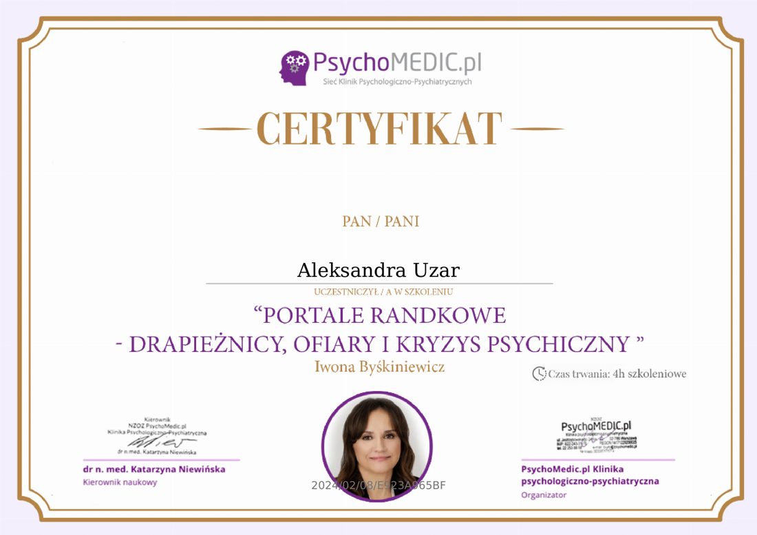 Certyfikat — Ofiary i kryzys psychiczny